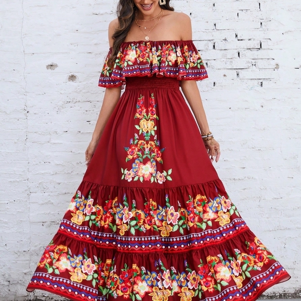 Off-Shoulder Floral Printed Dress - Picture 3 of 5